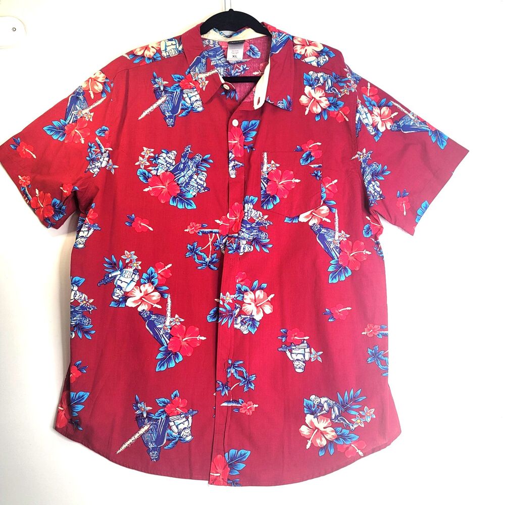 Disney Star Wars Men XL Red Hawaiian Button Up Stormtrooper Darth Vader Camp